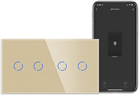 CNBINGO Smart Touch Light Switch, Works with Alexa and Google Assistant, Flush-Mounted, in Gold, Double and Double WiFi Wall Switch, with Glass Panel, Neutral Conductor Required