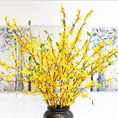 HGFTJY 6 Zweige Künstliche Blumen Forsythia - 100cm - Gelb - Winter-Jasminblüten mit Blättern - für Haus und Büro Dekoration