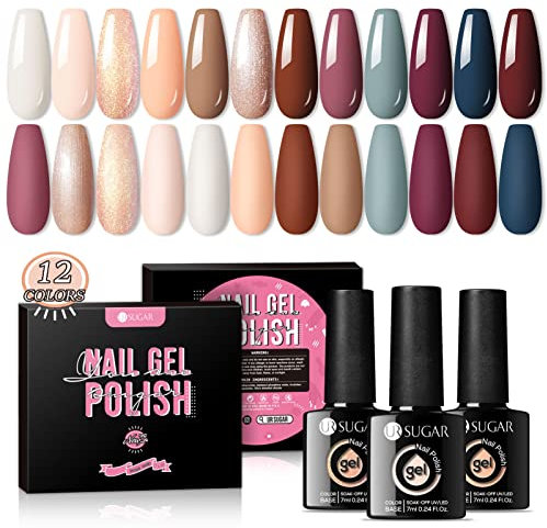 UR SUGAR Smalto Semipermanente Unghie Nude, 12 Colori Rosa Rosso Marrone Glitter Gel U V Colorato, Smalti per Unghie per Salone o Casa, Nail Polish Kit con Confezione Regalo