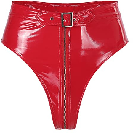 TiaoBug Dam wetlook ouvert-trosor stringtrosa high cut thong hög midja bikinitrosa lack läder hipster glänsande shorts med dragkedja gogo outfits klubbkläder, röd, 3XL