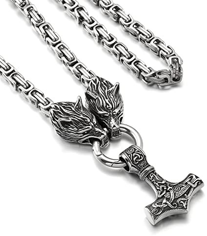 AFSTALR Wikinger Schmuck Herren Wolfskopf Halskette Thors Hammer Halskette - Nordische Mythologie Mjolnir Wikinger Runen Hammer Edelstahl kette Viking Geschenke für Männer 70cm Silber