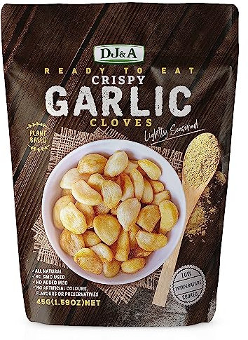 DJ & A Crispy Garlic Cloves - 100% Natural, Non GMO, Plant Based Healthy Snacks - Vegetable Crisps Multipack - Pack of 4 x 45 Grams