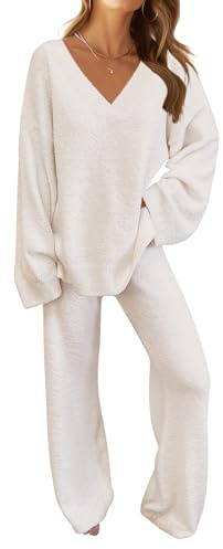 MEROKEETY Women's Lounge Sets 2025 Fall Fashion 2 Piece Outfits Sweater Pajama Set Fuzzy Loungewear Matching Winter Clothes,Beige,L