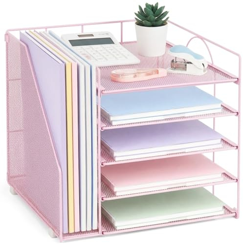 LEKETREE Organisateurs de bureau avec porte-fichiers, organiseur de papier à 5 niveaux avec tiroir coulissant et porte-stylo supplémentaire, organiseur de fichiers de bureau en maille pour fournitures