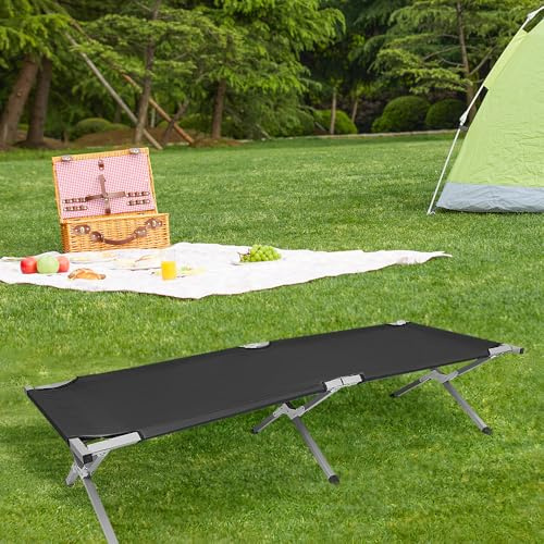 Lit de Camp Pliable en Aluminium pour l'armée - Lit de Camping Pliable et lit d'invité1 Personne, Lit d’Appoint, Capacité 150 kg, pour Camping, Randonnée, Voyage en Plein Air 190 x 62 x 42 cm - Noir