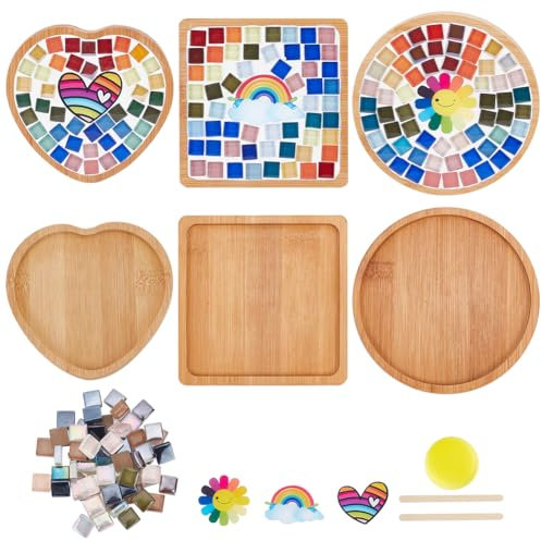 WEBEEDY 3 Set DIY Rainbow Mosaic Coaster Kit Stained Mosaic Glass Pieces DIY Glass Mosaic Tiles for Crafts Drinking Cup Coaster Decorate Your Own Heart Flower and Rainbow Design Coaster