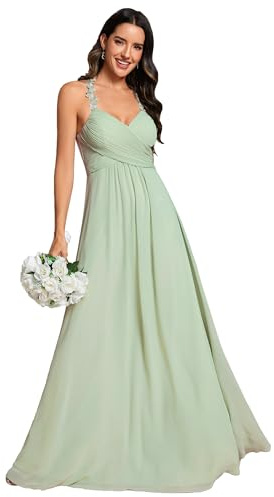 Ever-Pretty Abito Cerimonia Donna Tracolla Floreale Senza Maniche Abiti Damigella Donna Chiffon con Scollo a V Stile Impero Chic Menta Verde 48