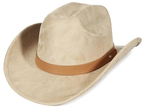 EOZY Mocka läder cowboyhatt Cattleman västerländsk stil för kvinnor och män avtagbart hattband vintage mocka hatt country musik festival hatt lätt regnskydd