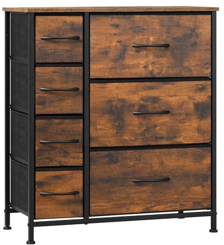 WOLTU Kommode mit 7 Stoffschubladen, Große Kapazität, Stabiler Metallrahmen, für Wohnzimmer, Schlafzimmer, Flur, Vintage Braun-Schwarz, 63,5x30x73cm, SSK008shm