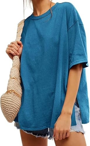 Tankaneo Maglietta da Donna, Oversize, a Maniche Corte, Girocollo, Estiva, in Tinta Unita, Lunga, Casual, Basic con Spacchi Laterali