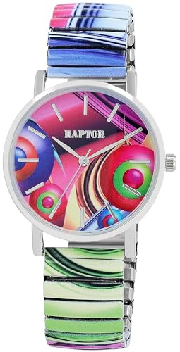 Raptor Colorful Edition RA10205 Montre à quartz analogique pour femme en acier inoxydable Motif imprimé multicolore, coloré