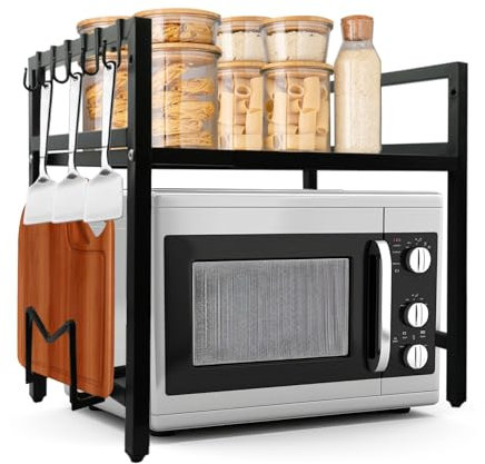 Jomdjmskes Étagère à micro-ondes, réglable, extensible à 2 niveaux, pour cuisine, plan de travail, avec 6 crochets, extensible de 40 à 64 cm