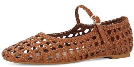 MICIFA Woven Mesh Ballet Flats for Women Round Toe Mary Jane Flats Buckle Strap Ballerina Flats Comfortable Dress Casual Flat Shoes Brown