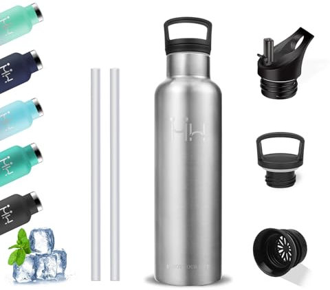 Gourde Isotherme 0.5L en Acier Inoxydable 18/8 - Sans BPA avec Paille Anti Fuite et Ouverture pour Boire - pour Camping, Randonnée, Running, Vélo