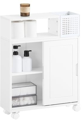 SoBuy Mueble baño Estrecho con Ruedas y Puerta corredera 17 cm – Armario baño Auxiliar para pequeñas Esquinas, WC o Lavabo – Mueble Compacto de Madera Blanco 52x17x69cm BZR176-W