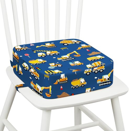 omedecal Rialzo Sedia per Bambini, Seggiolino da Tavolo per Bambini Lavabile Cartoon Cuscino con 2 Regolabile Cinghie & Base Antiscivolo 32 x 32 x 10 cm - Escavatore