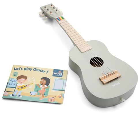 Woet Chitarra giocattolo in legno per bambini - chitarra per bambini beige con 6 corde - strumento musicale giocattolo educativo - include canzone - a partire da 3 anni - regalo per bambini e ragazze