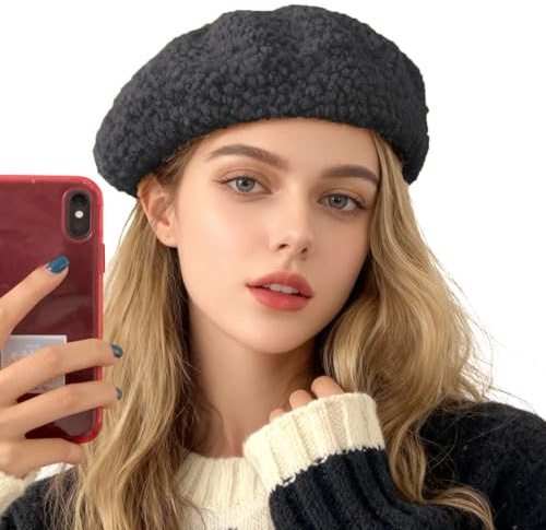 Yoeuxet Sherpa Beret Hats for Women, Winter Warm Wool Fleece French Berets Solid Color Painter Hats, Black