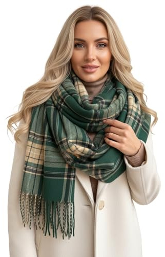 The Accessory Co. Tartan Scarf for Women, Checked Shawl Wrap, Long & Large Warm Cashmere Winter Scarves, Plaid Ladies Blanket Scarf - Gift for Women, Womens Gifts (Green & Beige)