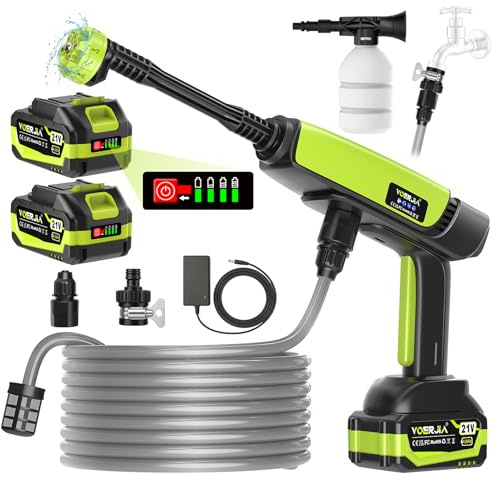 VOERJIA Hidrolimpiadora de Alta Presión a Batería 1000 PSI, Pistola de Agua Inalámbrica con 2 Baterías 4.0Ah (LED), Boquilla 6 en 1 para Lavado de Coche, Fachadas y Riego de Jardín