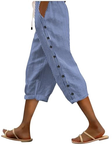 Womens Summer Trousers Petite Elastic Waist Casual 3/4 Pants with Pockets Drawstring Joggers for Women UK Sale Clearance Straight Side Botton Ladies Cropped Trousers Loose Fit for Yoga Gym Running