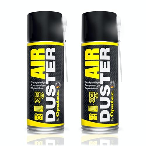 Oputec Air Duster Lot de 2 sprays à air comprimé de 400 ml pour clavier – Dépoussiérant pour PC, ordinateur portable, appareil photo, avec rallonge de pulvérisation, fabriqué en Allemagne