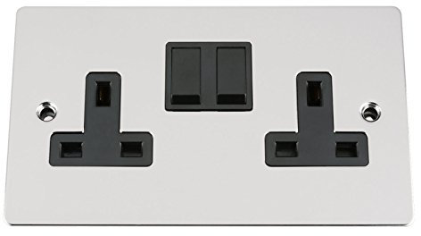 Wall Socket Double / 2 Gang - Polished Chrome Flat - Black Insert Plastic Switch - 13A Double Wall Plug Socket
