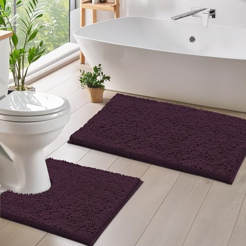 LuxUrux Tappetini da Bagno Set di Tappetini da Bagno in Ciniglia di Lusso (2 Pezzi), Morbido Antiscivolo in Peluche + Tappetino per WC. Tappeto Shaggy in Microfibra da 1 '' |Prugna|Set Curvo