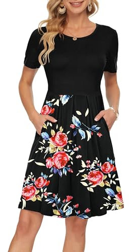 AUSELILY Ladies Summer Short Sleeve Pleated Loose Swing Casual Dress with Pockets Knee Length Black Rose Black L