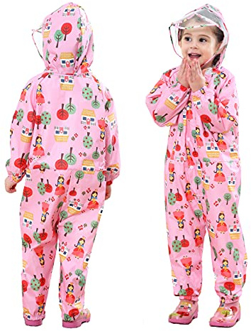 FILOWA Kids Puddle Suits Hooded All in One Waterproof Rainsuit Girls Raincoat Pink Rainwear Lightweight Portable Breathable PVC Hat Brim Zipper Muddy Suit for Childs 5-7 Years