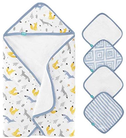 Featherhead™ 5-Piece 100% Cotton Muslin Hooded Bath Towel & Washcloths Set for Baby Boy - Ultra Soft and Extra Absorbent - Newborn Essential & Perfect Baby Registry Gift (Blue Foxes)