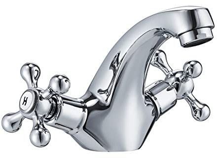 Peppermint Robinet mitigeur pour lavabo de salle de bain - Chrome - Tête croisée - Robinet monobloc traditionnel victorien à double poignées - Robinet mitigeur avec tuyau standard