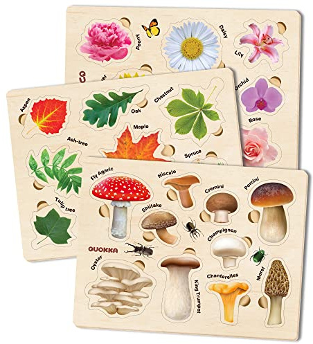 Spielzeug Puzzle ab 1 2 3 Jahre - 3X Set Montessori Holz Steckpuzzle für Kinder ab 4 von QUOKKA - Lernspielzeug für Mädchen and Jungen - Pilze, Blumen, Blätter Lernen