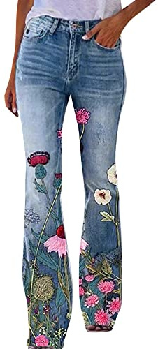 Jeans da Donna con Motivo, Flared Bootcut, Jeans a Vita Alta, Jeans Retro, Jeans a Campana, Jeans con Stampa Floreale, Jeans Slim Fit, Jeans Lunghe, Jeans Boyfriend, Jeans Dritti, Jeans Stretch