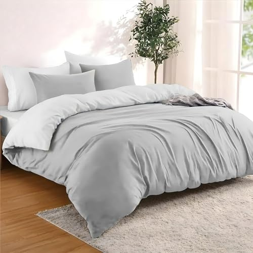 Dreamzie - Påslakan 200x220 cm med 2 örngott 80x80 cm - Ljusgrå/Vit - 200x220 Sängset i 100% mikrofiber - 3 delar - Certifierad kemikaliefri (Oeko TEX) | Sängkläder 140 x 200 - vändbar - ljusgrå/vit - ultramjuk mikrofiber - dragkedja - OEKO-TEX - lätt