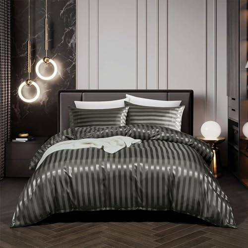 Tospass Housse de Couette 240x260 Adulte Rayures Gris Foncé Parure de Lit | Linge de Lit 2 Personnes L'été, Fermeture Éclair, Housse Couette en Satinée, 2 Taie d'oreiller 65x65cm, Certifié Oeko-Tex