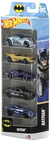 Hot Wheels Batman Spielzeugautos im 5er-Pack, Set aus 5 Die-Cast-Fahrzeugen im Maßstab 1:64 im Batman-Design, einschließlich des Batmobiles, JDR18
