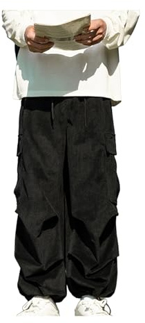 Pantalones retro de color liso, estilo oversize, estilo cargo, para hombre, con múltiples bolsillos, uso casual, deportes, cordón alto, Negro, XXL
