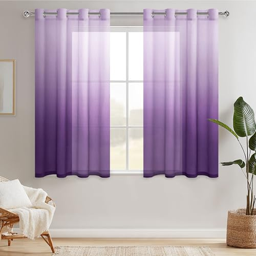 Hiasan Gardinen Voile Vorhänge mit Ösen Farbverlauf Halbtransparent Schlafzimmer und kinderzimmer Dekoration kurz Vorhang, 145 cm x 140 cm(H x B) 2er Set Weiß Lila