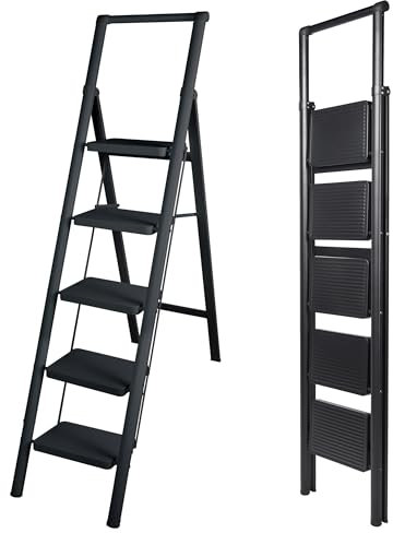 UZIRO Escalera Plegable 5 Peldaños, Liviana y Compacta, Diseño Decorativo, Peldaños Anchos Antideslizantes, Ideal para Uso en Hogar, Cocina y Oficina, Fácil de Guardar y Transportar, Alta Durabilidad