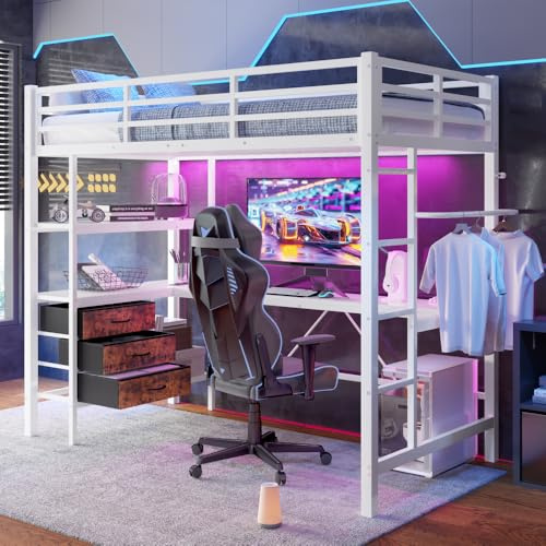 Wyibwy Cama Alta 90x200 cm con iluminación LED, Enchufe + USB, litera Individual de Metal 90x200 con Escritorio y 3 cajones, Cama con estantes, barandilla, escaleras, sin colchón, Blanco