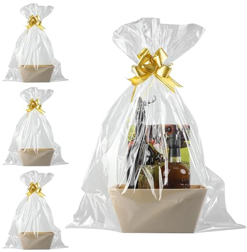 RoxNvm Cesta para Regalos, 4 Papel Cesta de Regalo Vacía con Lazo Regalo y Bolsas Transparentes para Regalos, Enrejado Cesta para Regalos Vacia, Bolsas De Cesta Regalo para Navidad Fiesta (D)