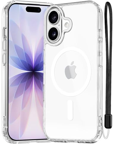 NEW'C Funda Magnética para iPhone 17 (6,3 Pulgadas) Compatible con MagSafe Protección Anti-Choques Máxima – Magnetismo Potente y Protección Militar – Funda Delgada con Cordón – Transparente
