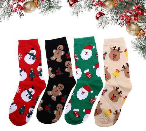 Amllaing 4 Pares Calcetines de Navidad, Calcetines de Invierno Navideños, Navideños Antideslizantes, para y Año Nuevo