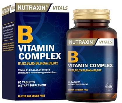 Nutraxin Vitamin B Complex - 60 Tablets, 1 a Day with 10 Essential Vitamins (B1 B2 B3 B5 B6 B7 B9 B12) - Energy, Tiredness & Nervous System Support - 2 Month Supply