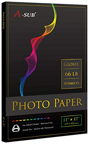 A-SUB Premium Photo Paper High Glossy 11x17 Inch 66lb for Inkjet Printers 50 Sheets, Single Sided