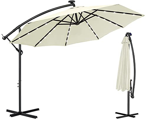 Aufun Sombrilla Jardin de Aluminio con iluminación LED Solar Ø300 cm Sombrilla Parasol con Manivela, protección UV 40+, Excéntrico Cantilever para balcón, jardín, taraza, Octágono, Beige