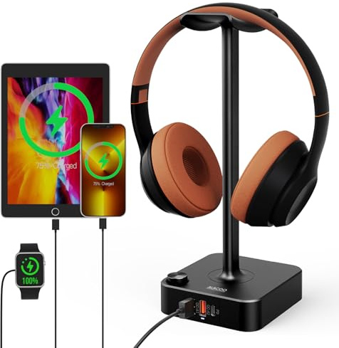 ALACOO Headphone Stand with USB Charger Port Desktop Gaming Headset Holder with 2 USB-A & 1 Type-C Charging Ports for Home and Office and Gaming, DJ, Wireless Earphone Display,Headphone Hook (black)