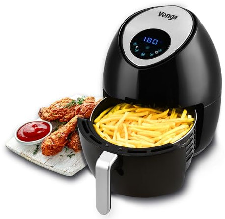 Venga! Friteuse à Air Chaud, 4.5 L, Thermostat Réglable 80-200°C, Minuterie 30 min, Digital, 7 Menus pré-réglés, 1500W, Noir, VG AFT 3006