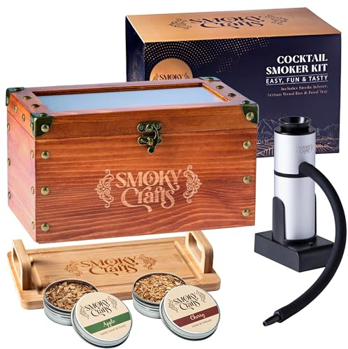 Smoky Crafts Whiskey Smoker Kit with Updated Smoke Gun, Cocktail Smoke Box, Food Tray and Wood Chips (Apple & Cherry) - Old Fashioned Smoker Kit